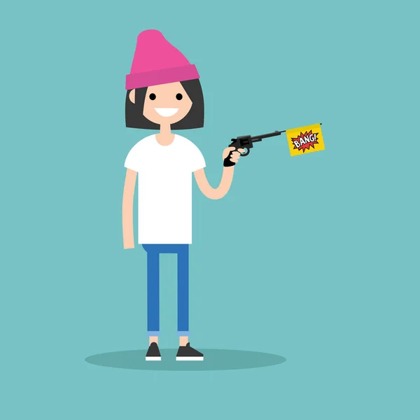 Jovem personagem feminina segurando uma arma de brinquedo com uma bandeira de estrondo / plano — Vetor de Stock