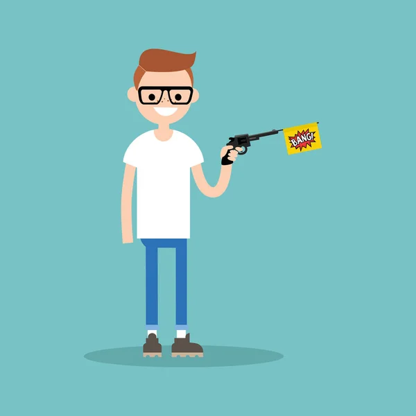 Personagem jovem segurando uma arma de brinquedo com uma bandeira de estrondo / plano — Vetor de Stock