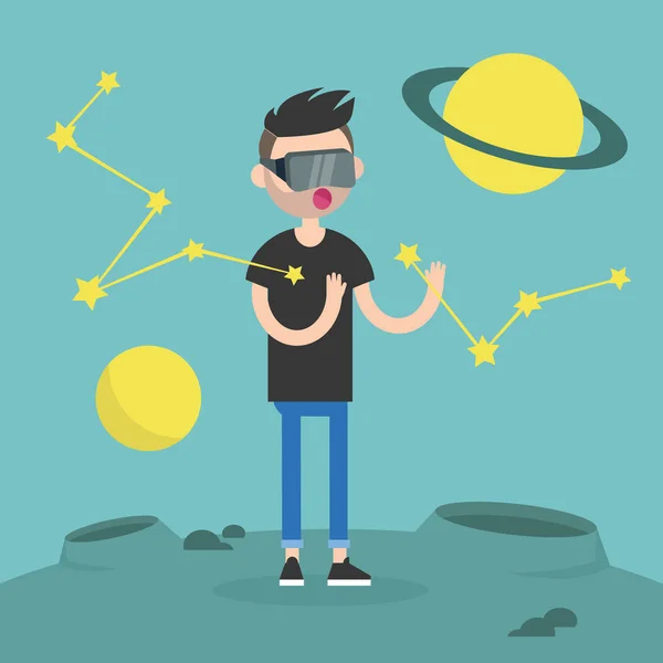 Ung man klädd i virtual reality-glasögon omges av planeter — Stock vektor