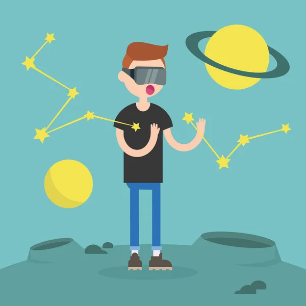 Jonge nerd bril van virtuele realiteit omgeven door planeten — Stockvector