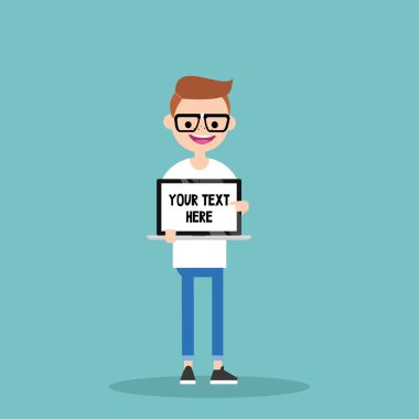 Metninizi buraya. Bir dizüstü bilgisayar tutan genç karakter