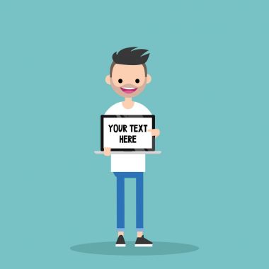 Metninizi buraya. Bir dizüstü bilgisayar tutan genç karakter