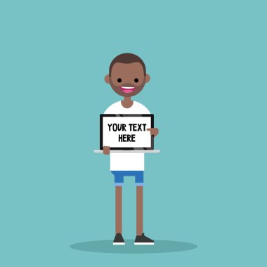 Metninizi buraya. Bir dizüstü bilgisayar tutan genç karakter