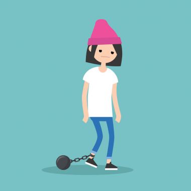 Genç esmer kız pranga takmış bitkin. Üzgün yorgun karakter