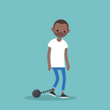 Young exhausted black man wearing shackles. Sad tired character clipart