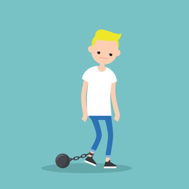 Genç sarışın çocuk pranga takmış bitkin. Üzgün yorgun karakter