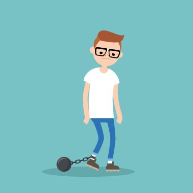 Genç pranga takmış inek bitkin. Üzgün yorgun karakter