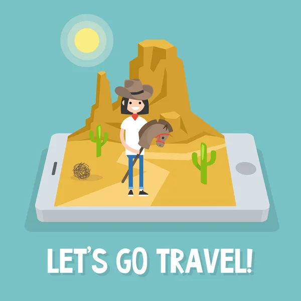 Travel mobile Anwendung. Konzeptionelle Illustration des Wilden Westens — Stockvektor