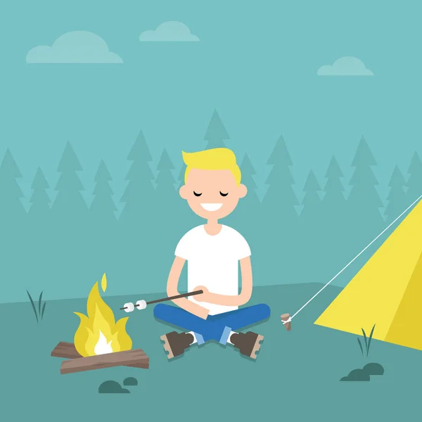 Camping en forêt. Jeune personnage rôtissant des guimauves sur le feu — Image vectorielle