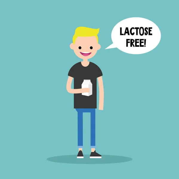 Jonge blonde jongen houdt van een karton van lactose vrije melk — Stockvector