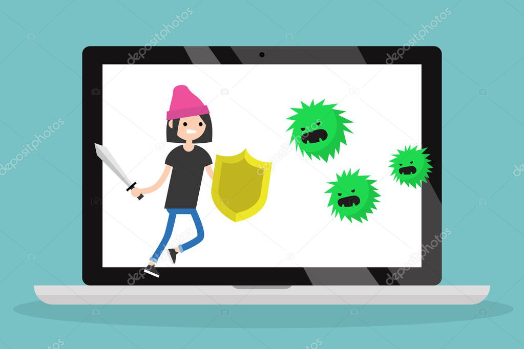 Young brunette woman fighting against virus / flat editable vector
