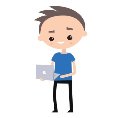 Genç geek tutan bir dizüstü bilgisayar, düz düzenlenebilir vektör çizim