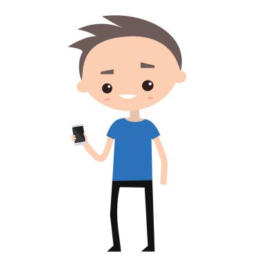 Il genç bin yıllık bir akıllı telefon tutarak / düz düzenlenebilir vektör