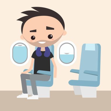 Gülümseyen genç yetişkin uçak / düzenlenebilir dairede oturan sakallı