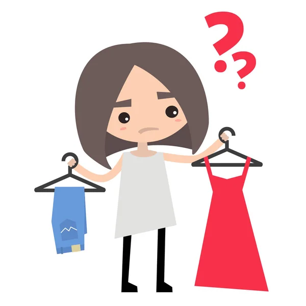 Menina está tentando decidir o que vestir / flat vect editável — Vetor de Stock