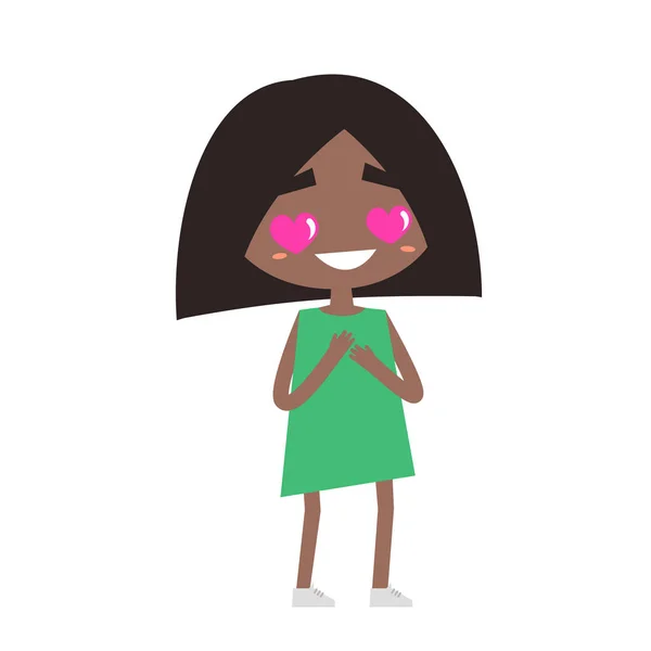 Apaixonar-me. Desenhos animados bonito menina preta com olhos em forma de coração, ilustração vetorial editável plana, clip art — Vetor de Stock