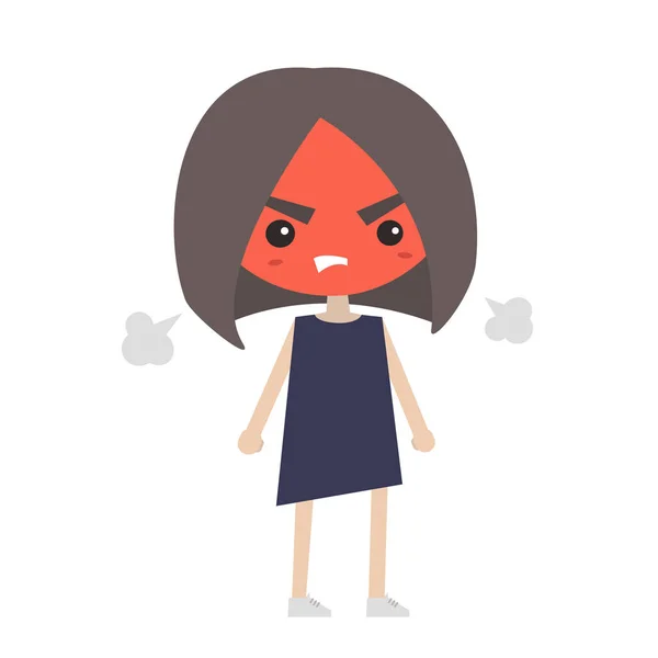 Chica enojada con la cara roja sopla vapor. Ilustración plana vector de dibujos animados — Vector de stock