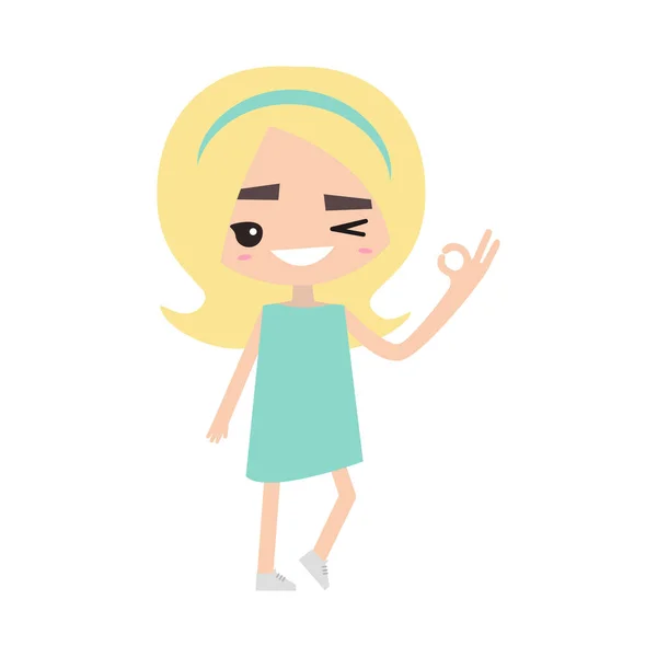 Sonriente guiño chica rubia dice "ok" Ilustración vector plano — Vector de stock