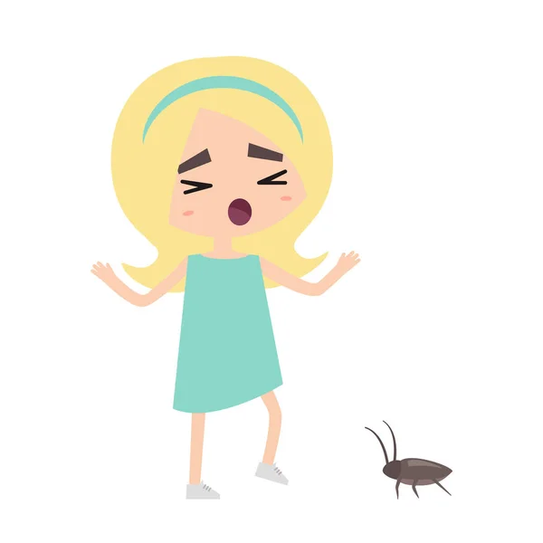 Scared girl and a cockroach / flat vector editable illustration - Stok Vektor