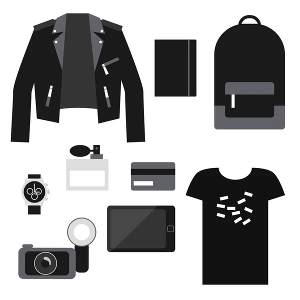 Životní styl sada: celkem černé trendy oblečení. Unisex neformální oblek. — Stockový vektor