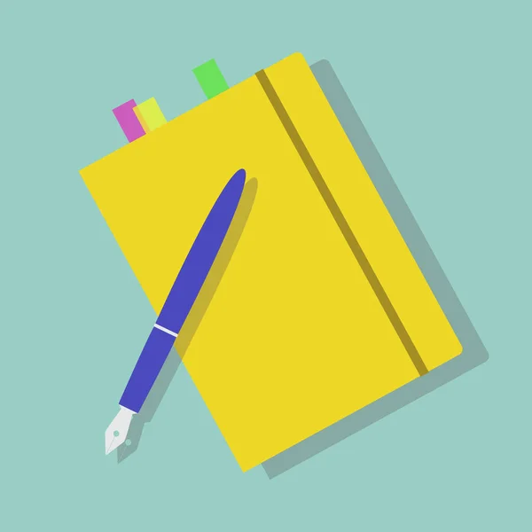 Papeterie de retour à l'école : cahier et stylo plume / / flat vec — Image vectorielle