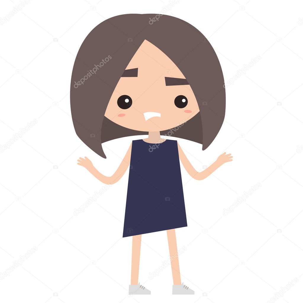 Cute confused girl is shrugging her shoulders / Flat vector illu