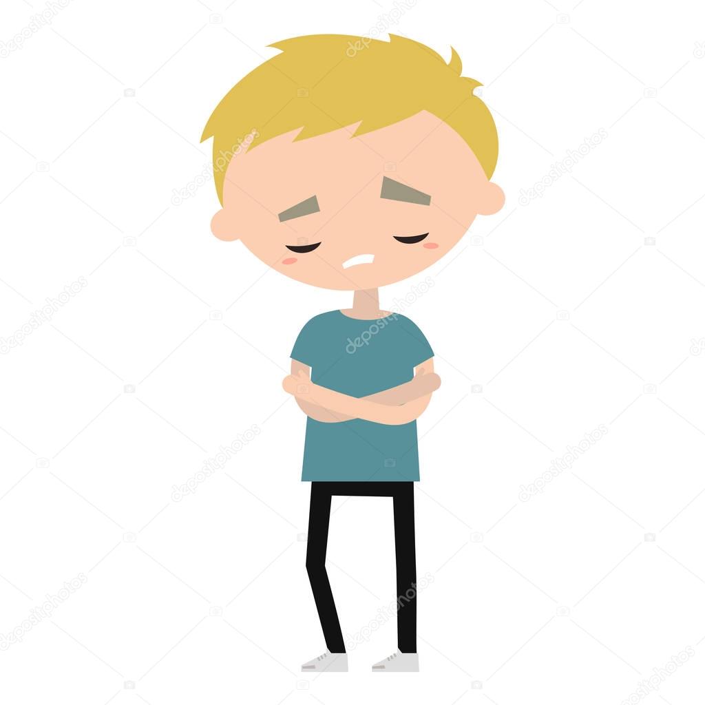 Sad offended blond boy cartoon illustration, Vector flat editabl