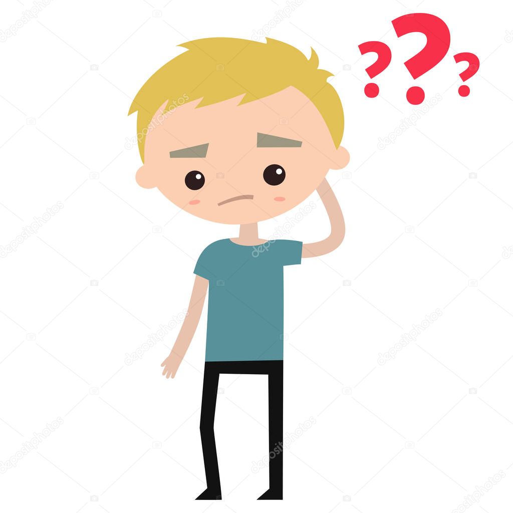 Concerned boy wearing blue t-shirt // Editable flat vector illus