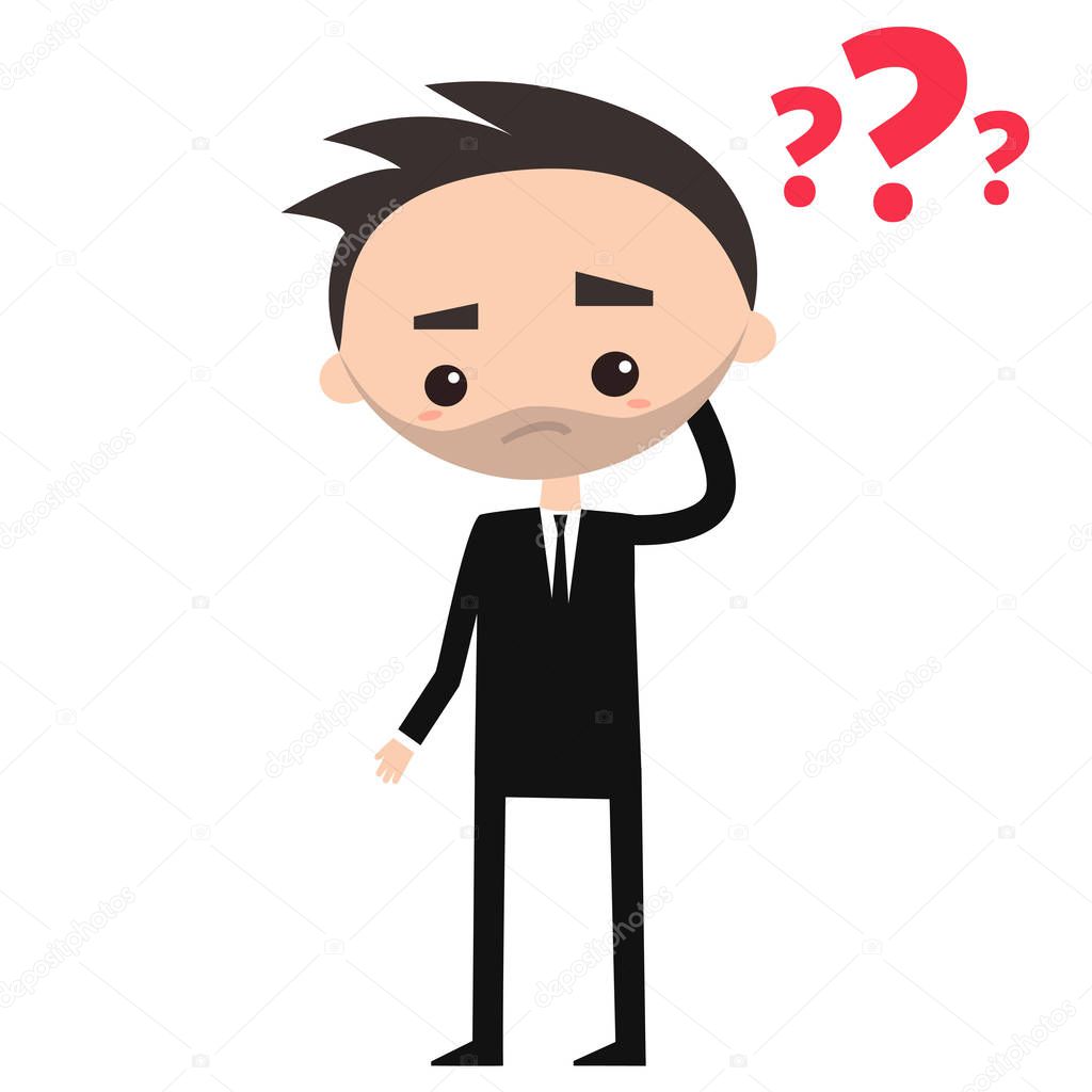 Young business man is trying to answer a question / flat editable vector illustration, clip art