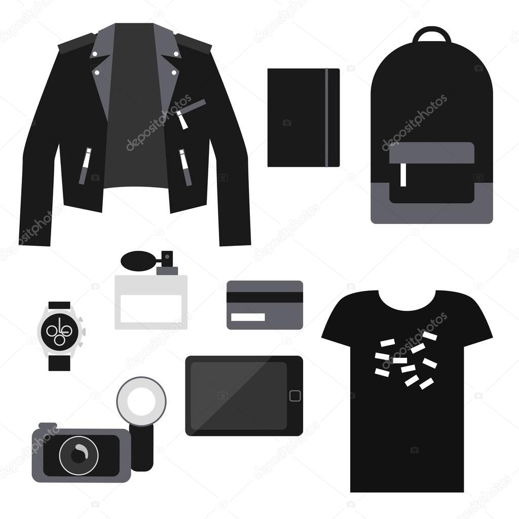 Lifestyle set: total black trendy clothes. Unisex casual outfit.
