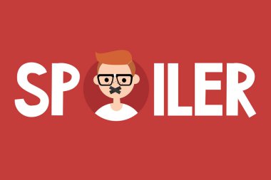 Spoiler alert illustrated sign. Young redhead nerd with taped mo clipart