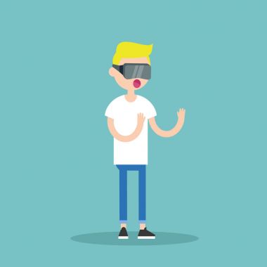 Sanal gerçeklik gözlüklü genç sarışın genç çocuk / düz e