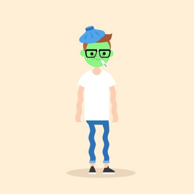 Yeşil yüz vektör çizgi film illustr ile genç nerd titreyerek hasta