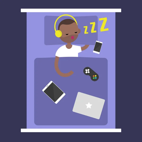 Ny teknik missbruk. ung svart man sover med alla Hej — Stock vektor