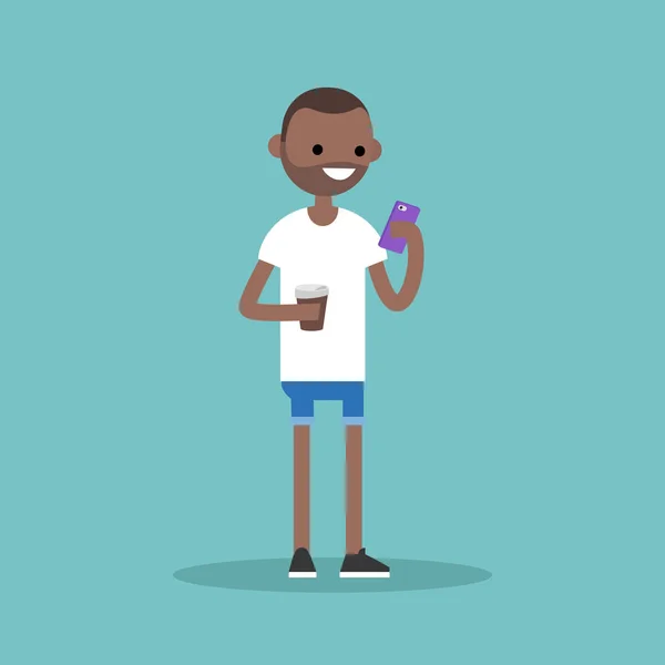 Jovem homem negro mensagens em seu telefone inteligente e segurando uma xícara de — Vetor de Stock