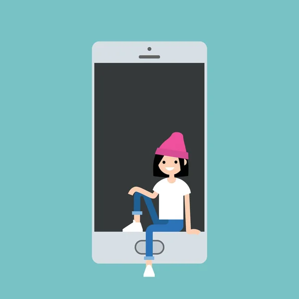 Chica milenaria sentada dentro del concepto de teléfono inteligente / Editable — Vector de stock