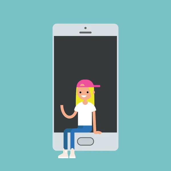 Millennial menina sentada dentro do smartphone e acenando seu han — Vetor de Stock