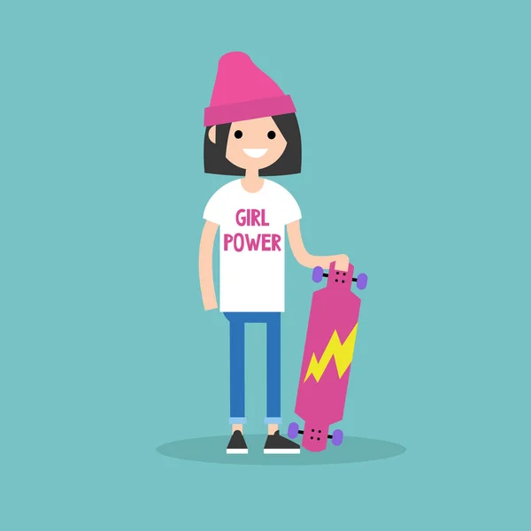 Duizendjarige skater meisje met t-shirt met Girl power teken / Fl — Stockvector