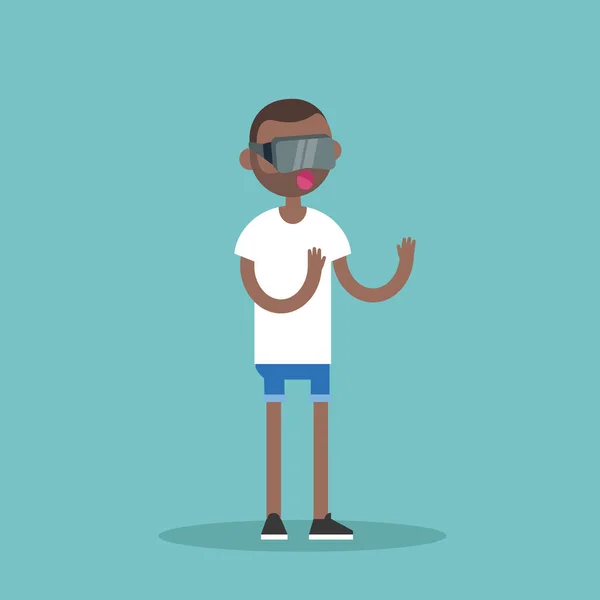 Joven hombre negro con gafas de realidad virtual / plana editable — Vector de stock