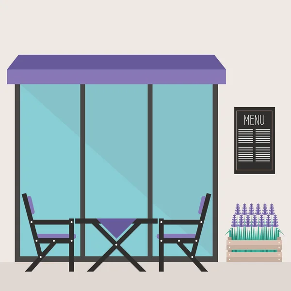 Moderna terraza del restaurante hipster. mesa y sillas bajo la ley — Vector de stock