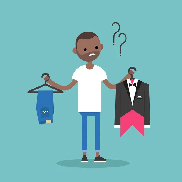 Schwierige Entscheidung. junger schwarzer Mann versucht zu entscheiden, was er anziehen soll — Stockvektor