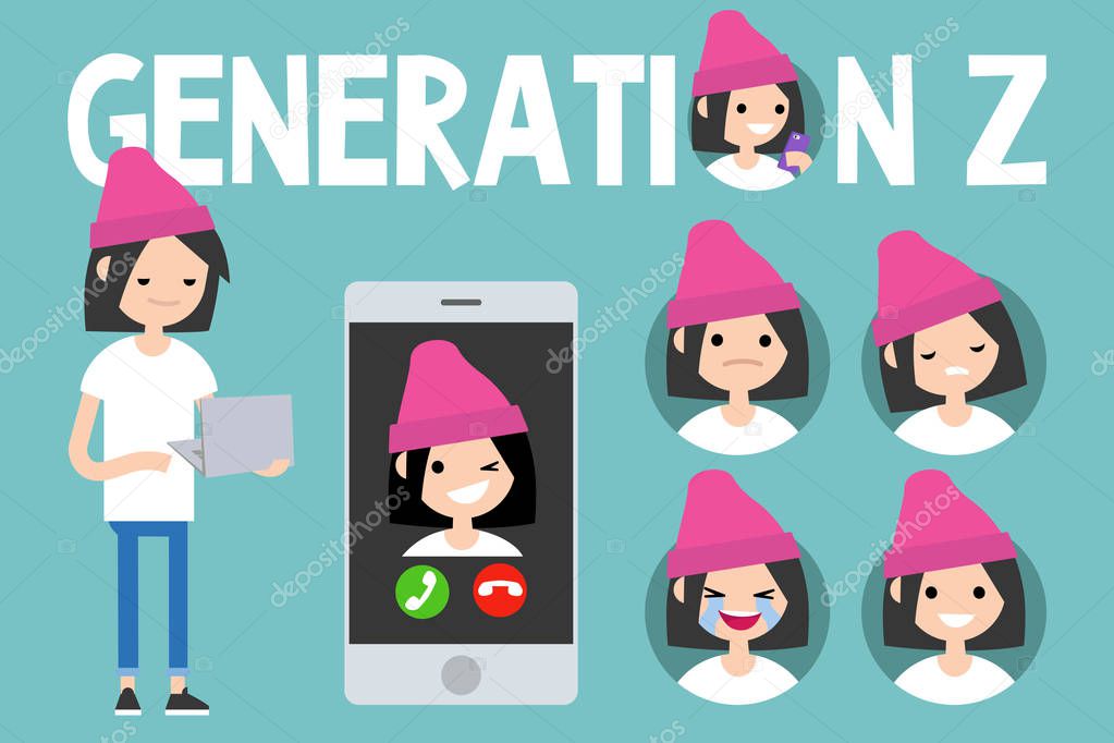 Generation Z conceptual set. sign, full length millennial girl c