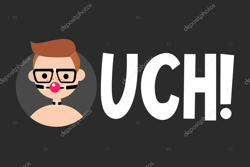 Ouch illustrated sign. BDSM concept. Red hair man wearing red silicone ball gag with a leather belt