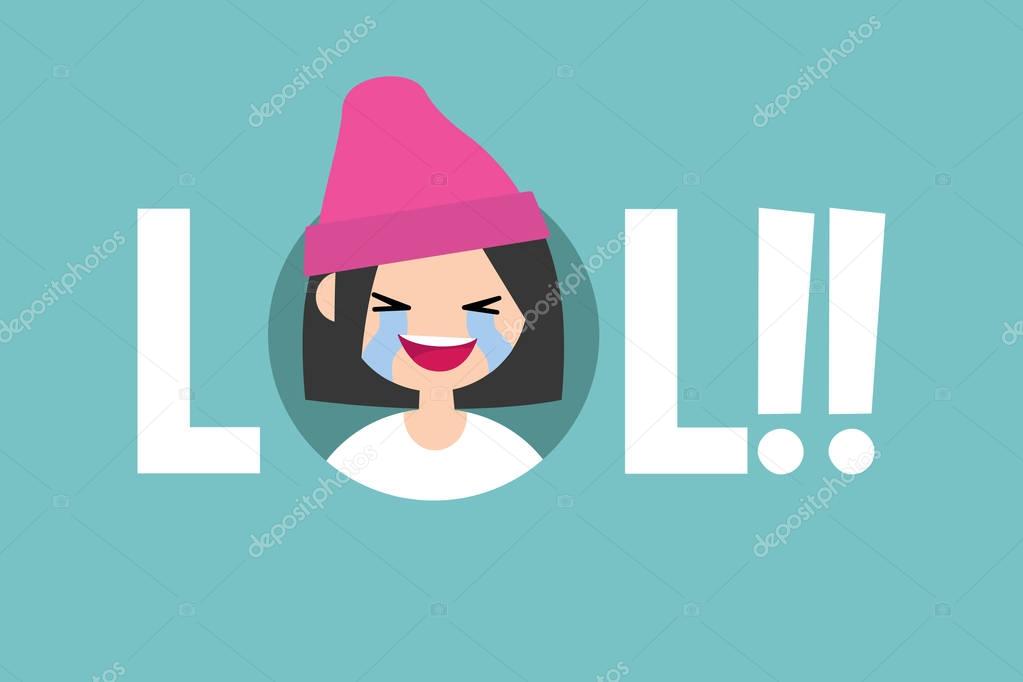 LOL conceptual illustrated sign. laughing out loud teenage girl / editable vector flat illustration