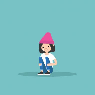 Upset crying girl sitting and hugging her knees / editable flat  clipart