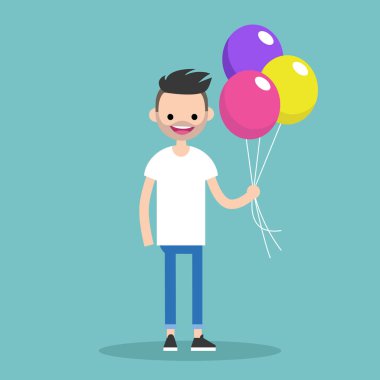 Genç sakallı adam renkli balonlar bir sürü holding / / edita