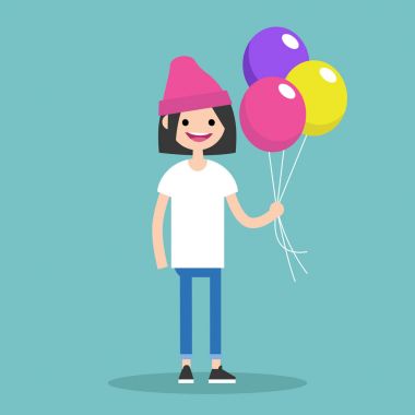 Genç esmer kız renkli balonlar bir sürü holding / / EDI