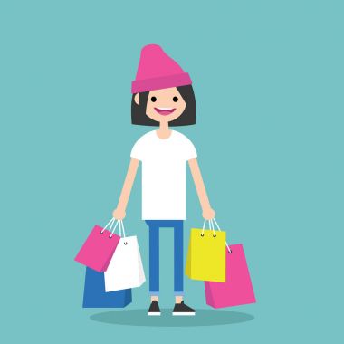 Genç trendy kız elinde çanta alışveriş / düz düzenlenebilir vektör ben