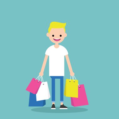 Genç trendy sarışın çocuk alışveriş torbaları holding / düz düzenlenebilir vec