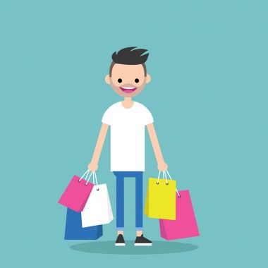 Genç trendy sakallı adam alışveriş torbaları holding / düz düzenlenebilir v